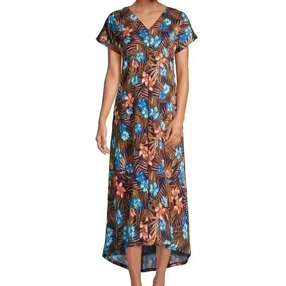 Lands End Mumu Dress Size Large 14-16 Multicolor Floral Tropical Cotton Stretch - Picture 1 of 15